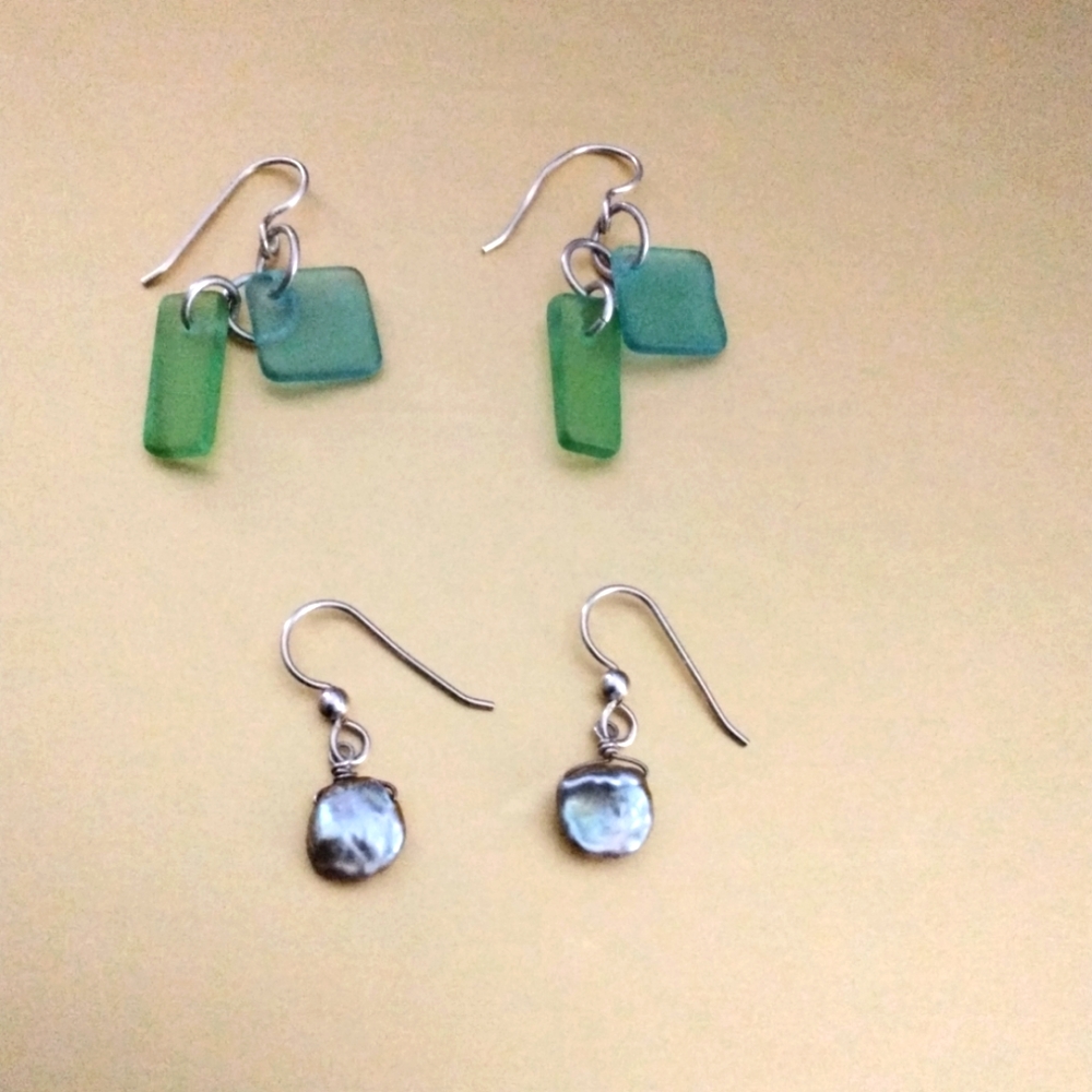 Sea Glass and Pearls! 2 Pairs of Dangle Earrings
